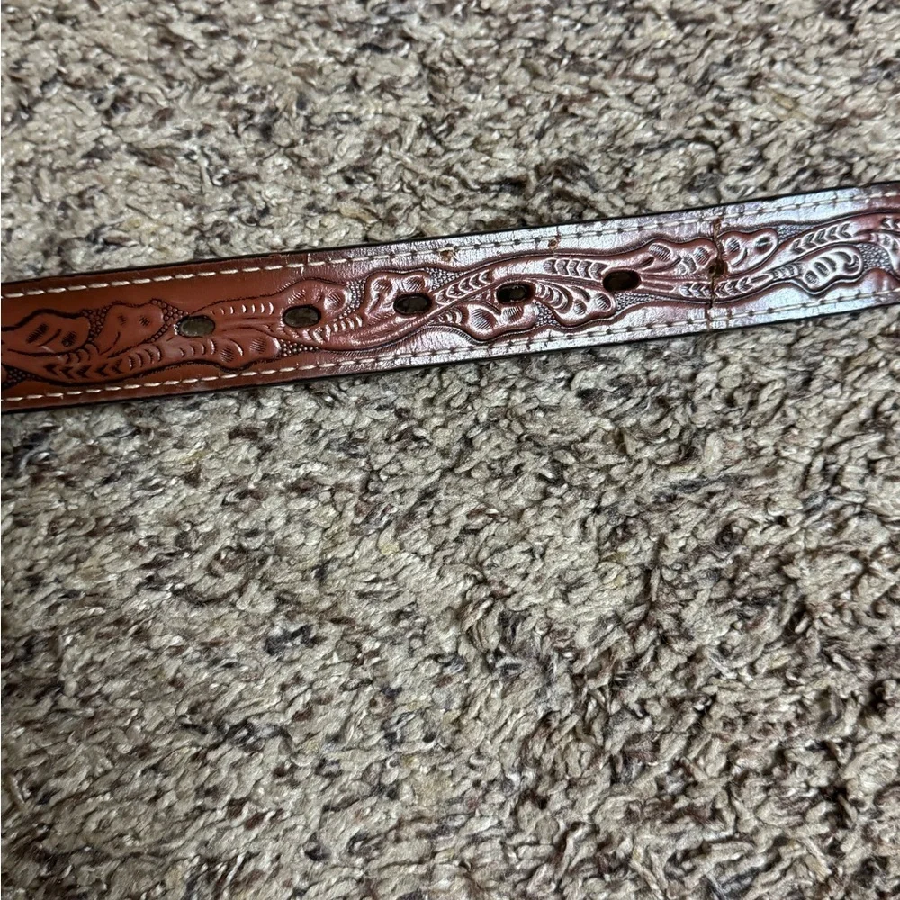 Nocona brown tooled leather belt with bullrider belt buckle Size 18